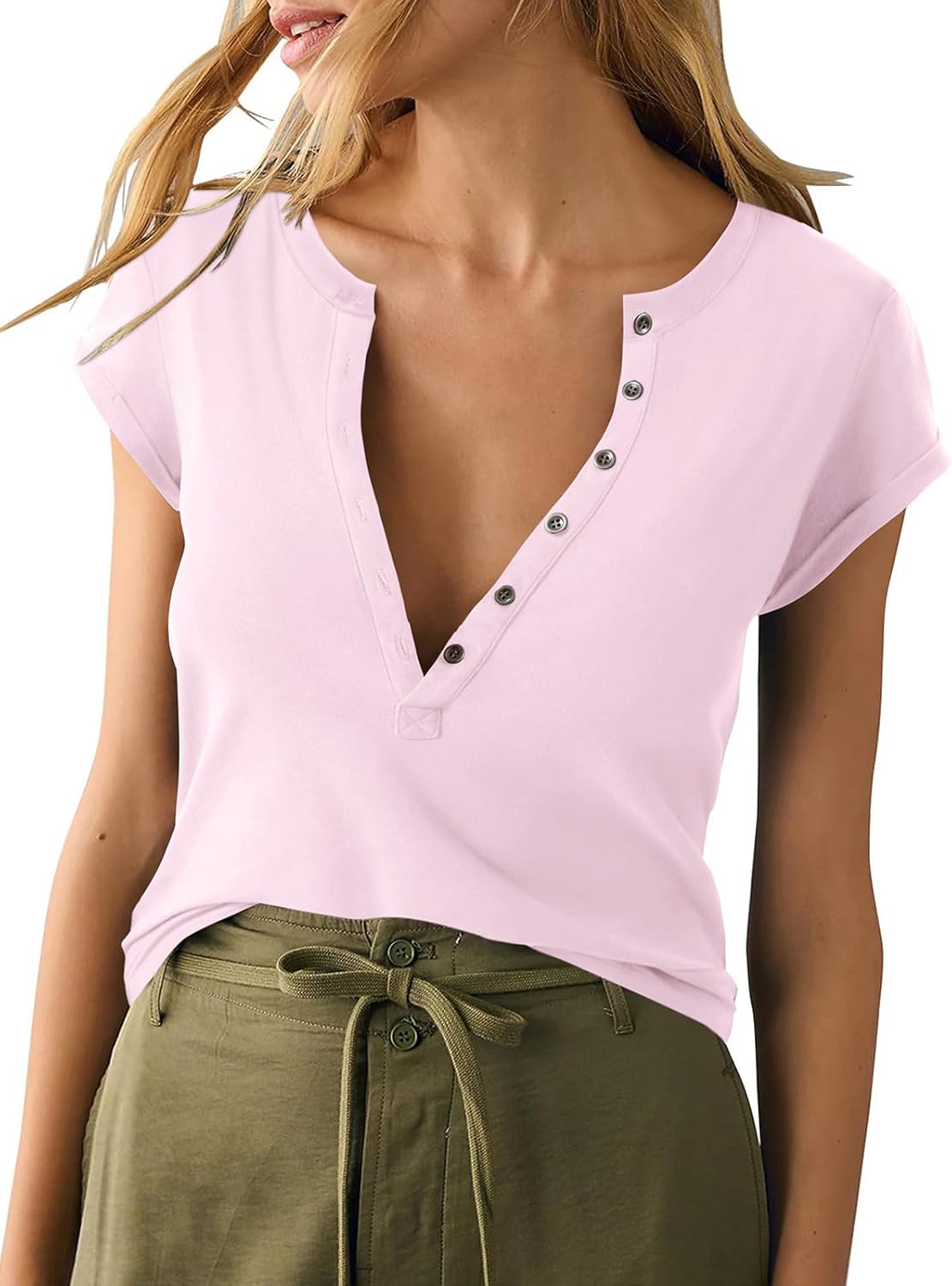 Womens Cotton Deep V Neck Tops Low Cut Short Sleeve Henley Shirts Sexy Fitted Tees Summer Fashion Clothes 2025 - Image 2