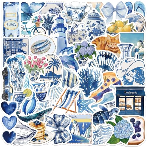 Blue Aesthetic Stickers Pack 50Pcs Vintage Fantasy Decals for Laptop Luggage Scrapbook Journal Kindle Skateboard Water Bottle Waterproof Graffiti Stickers (Colourful-F4)
