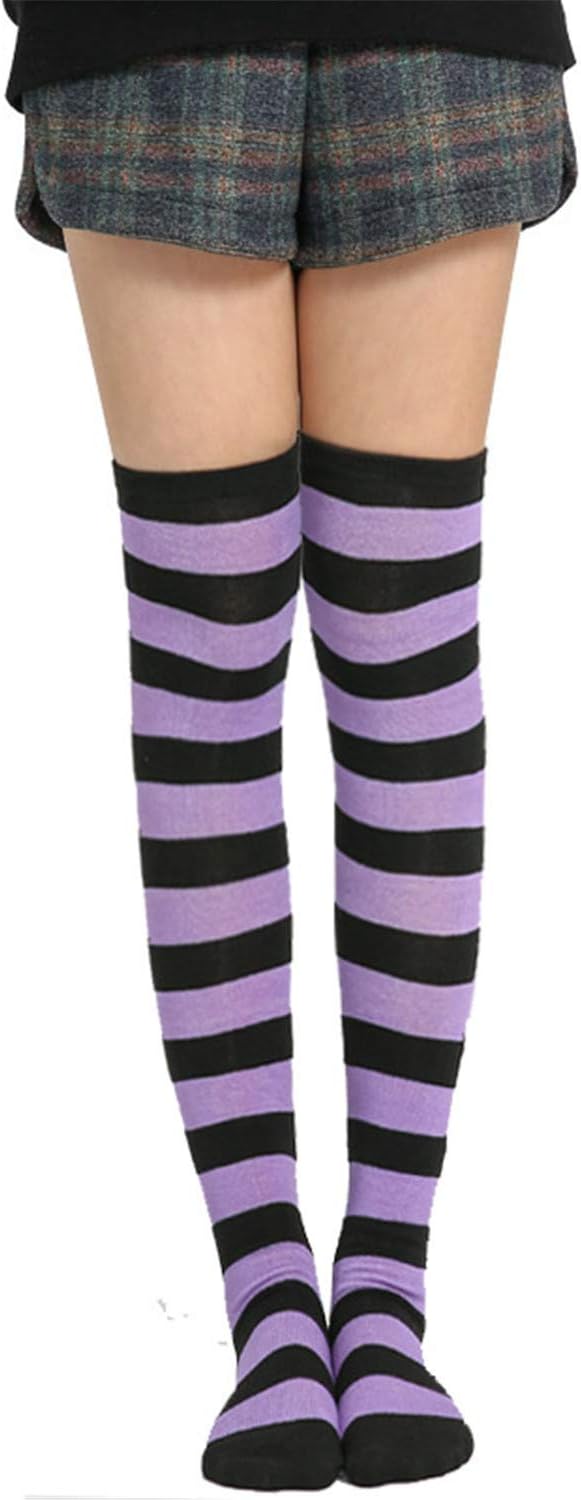 Andongnywell Women Long Striped Socks Over Knee High Opaque Stockings Stripe Thigh High Socks for Halloween Cosplay