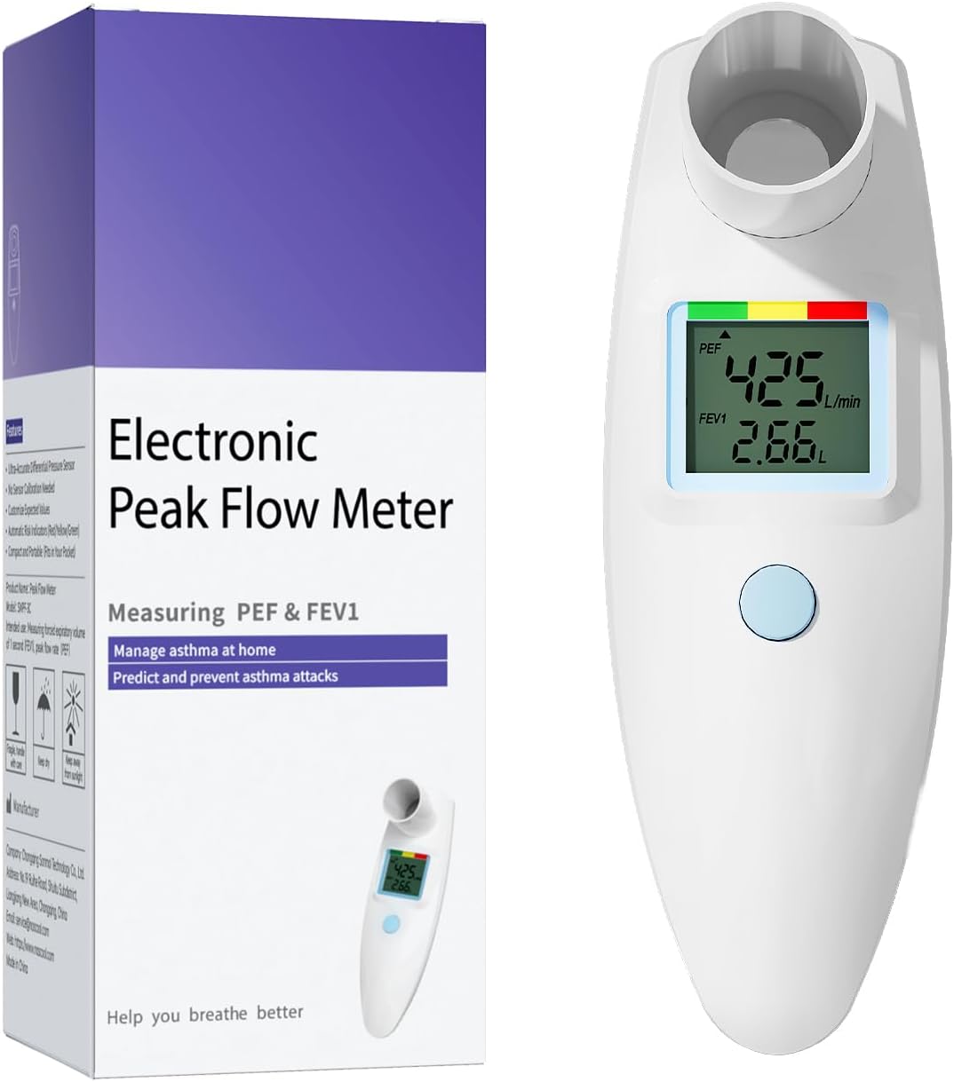 Nascool Peak Flow Meter, Digital Spirometer for Asthma COPD, PEF & FEV1 Test | Risk Indicator, Customize Expected Values, Three-color risk indicator, Clear LCD display, High measurement accuracy, Portable