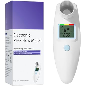 Peak Flow Meter No Bluetooth for Asthma COPD PEF & FEV1 Risk Indicator LCD display for monitoring lung function paper diary form AAA batteries operated digital spirometer