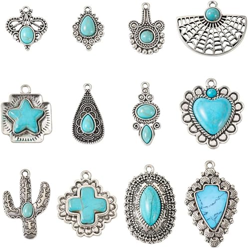 Colgantes de turquesa sintética, Metal, Gema