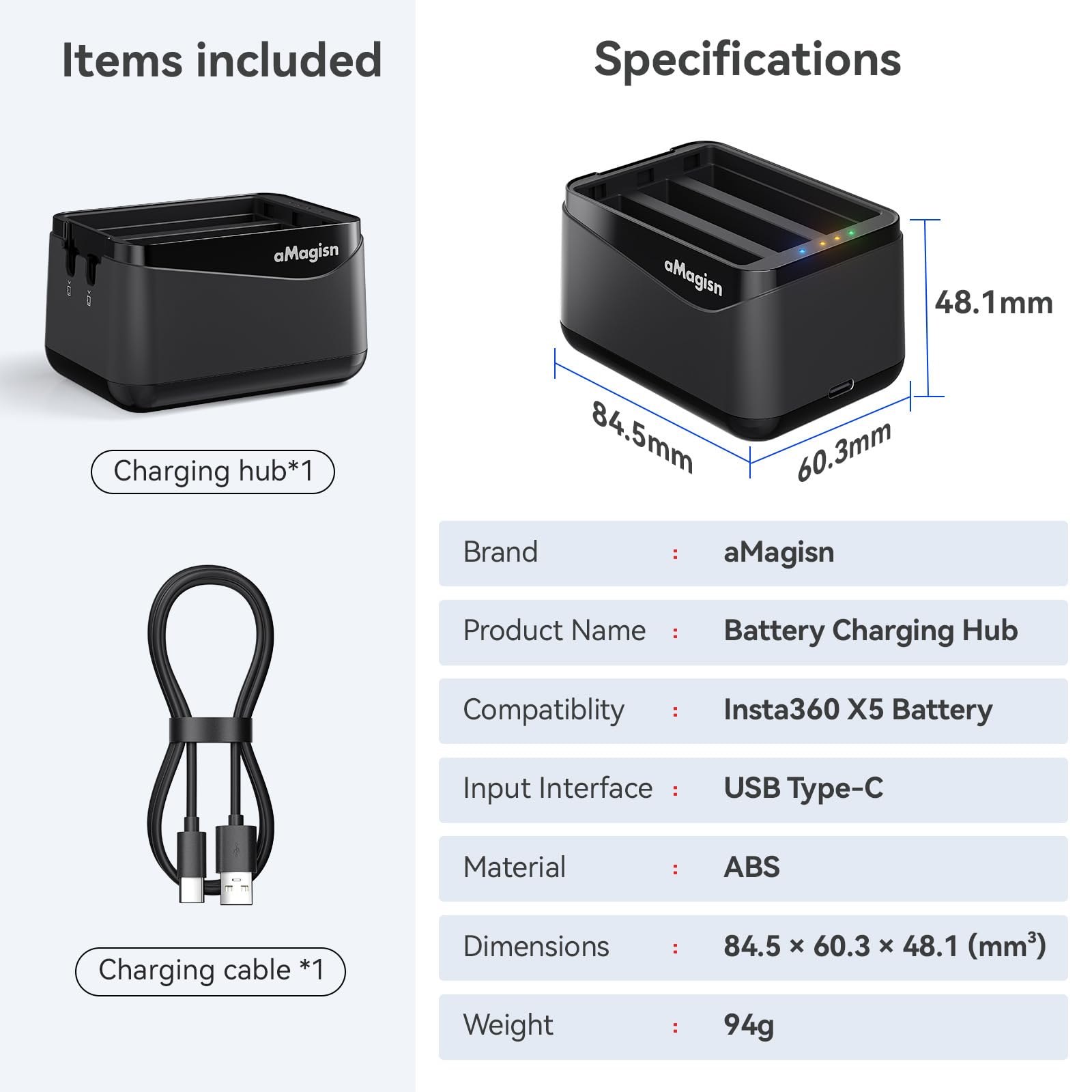 Batteria Caricabatterie per Insta360 X5, Hub di ricarica Batteria Conservazione Scomparto Accessori per Insta360 X5