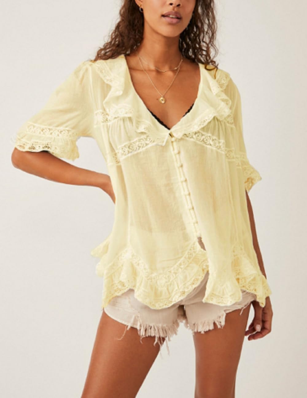 Women Y2k Short Sleeve Lace Blouse Boho Ruffle V Neck Button Down Shirt Asymmetrical Ruffle Hem Babydoll Tops - Image 2