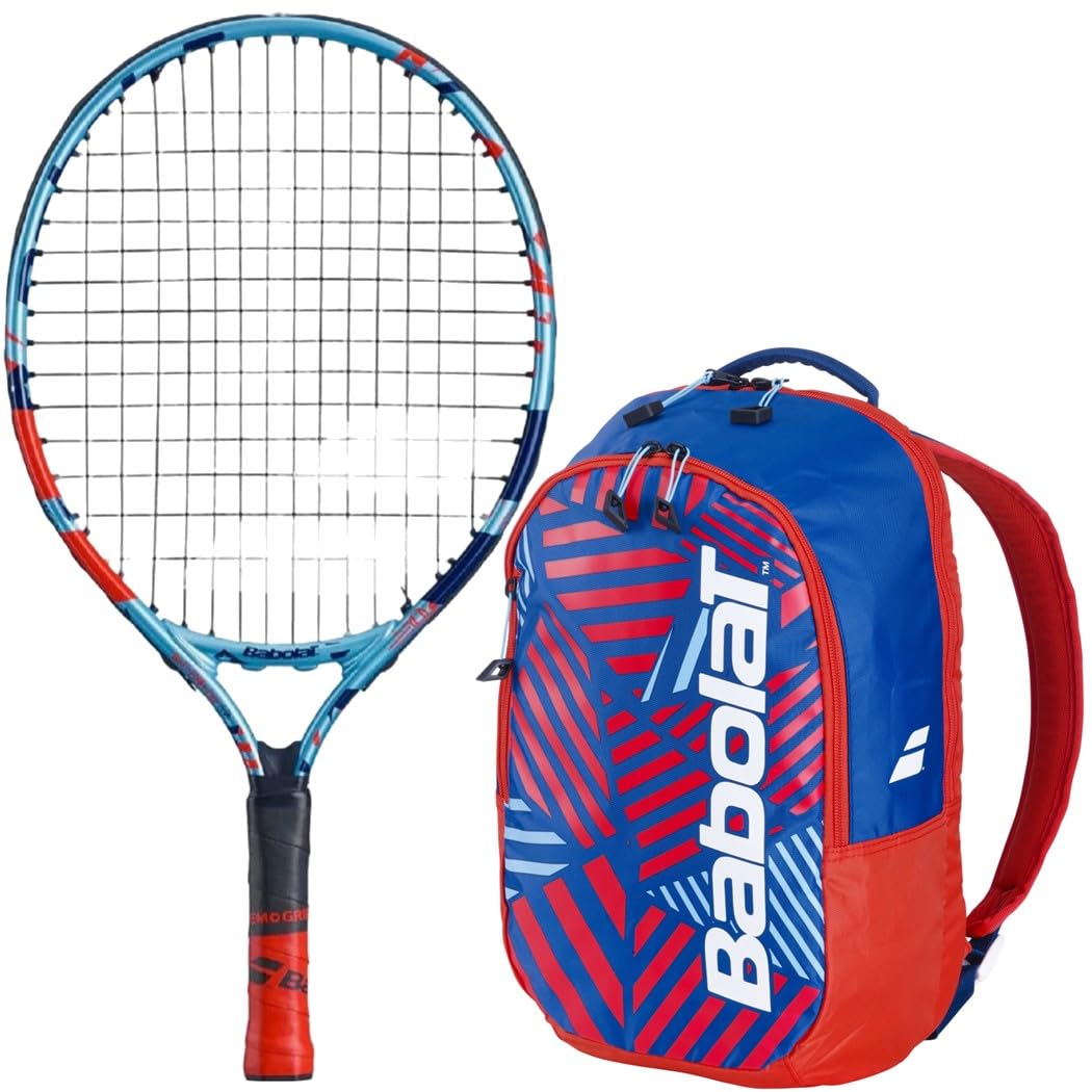 Babolat Ballfighter 17 Inch Jr Tennis Racquet (Blue/Red) Bundled w a Tennis Backpack (White/Blue/Red)