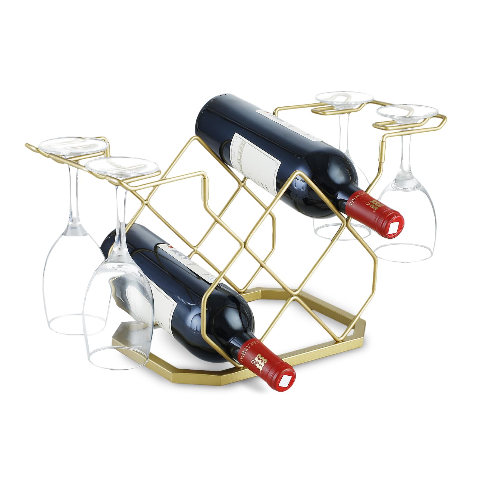 XUCHUAN Countertop Wine Bottle Rack with Glass Shelf,Hold 5 Wine Bottles and 4 Glasses, Freestanding Wine Bottle Storage Holder,5 Wine Bottle