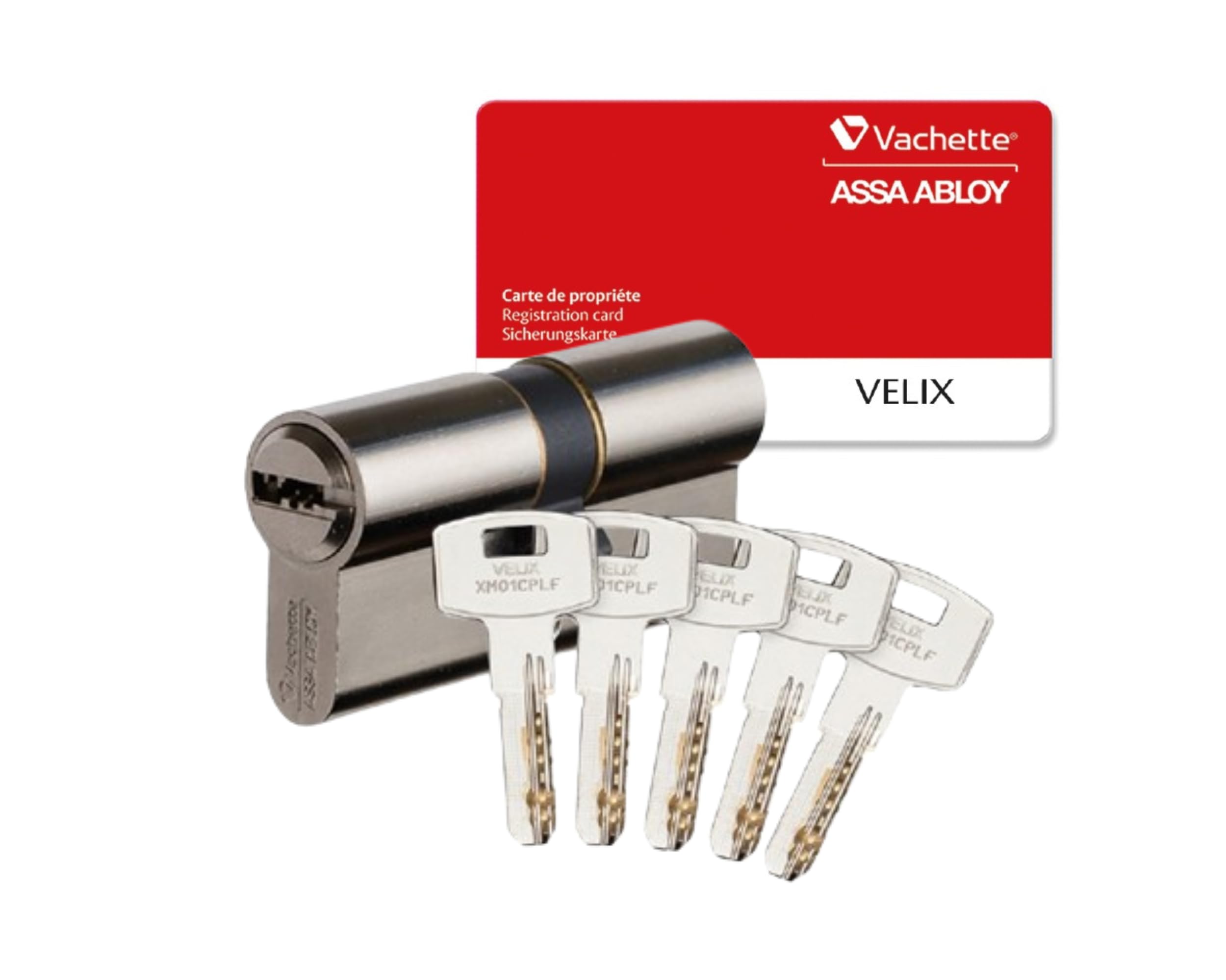 Vachette Cylindre VELIX 40x50 Double Entrée - Finition Nickelée - Résistance Bumping, Perçage et Crochetage - 5 Clés Réversibles, Carte de Propriété et Brevet Exclusif jusqu'en 2036 - Garantie 2 Ans