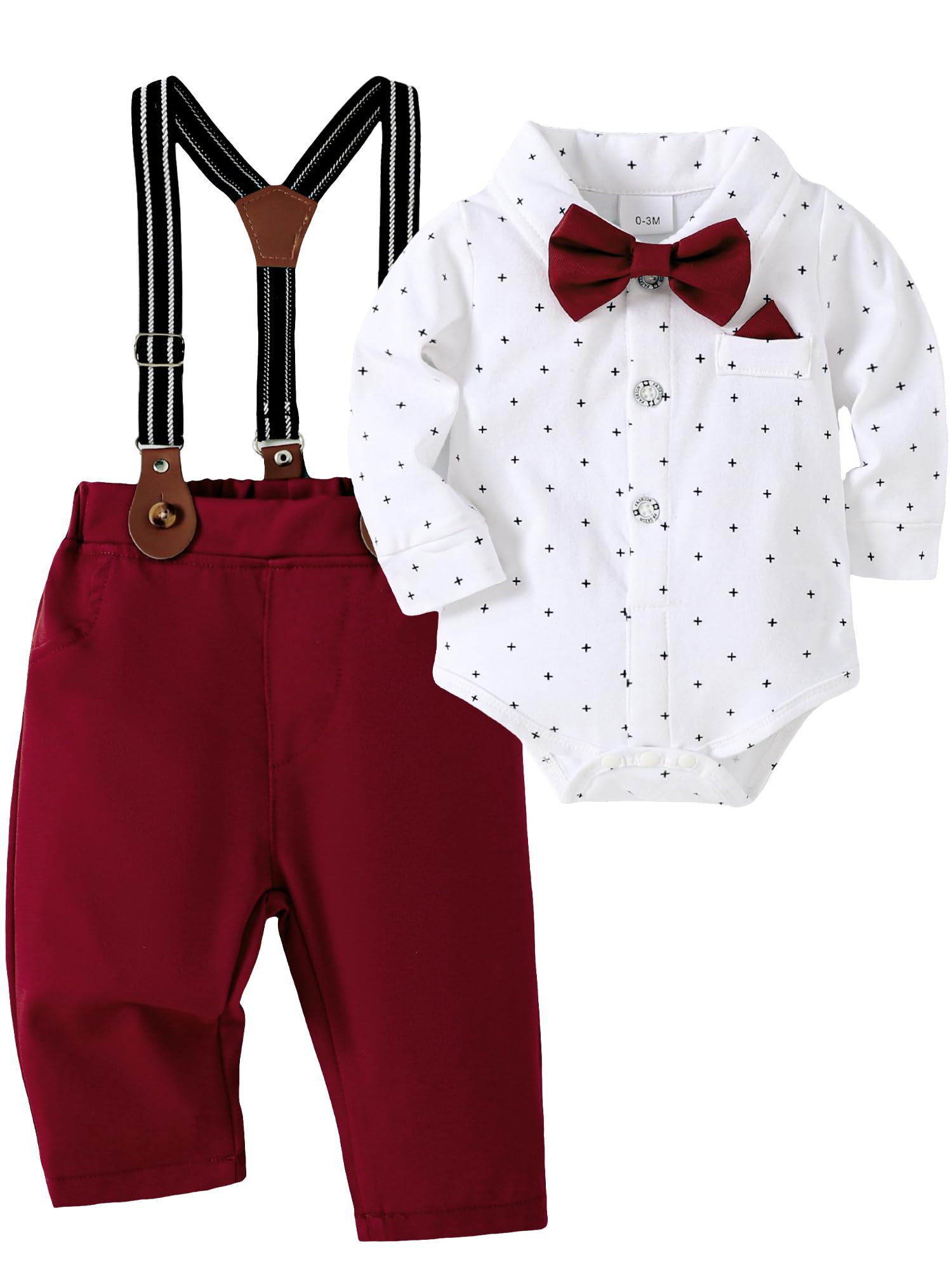 AMAWMW Baby Boy Clothes Suits 0-18M Long Sleeve Dress Shirt Suspender Pants Bowtie Set Gentlemen Wedding Outfit