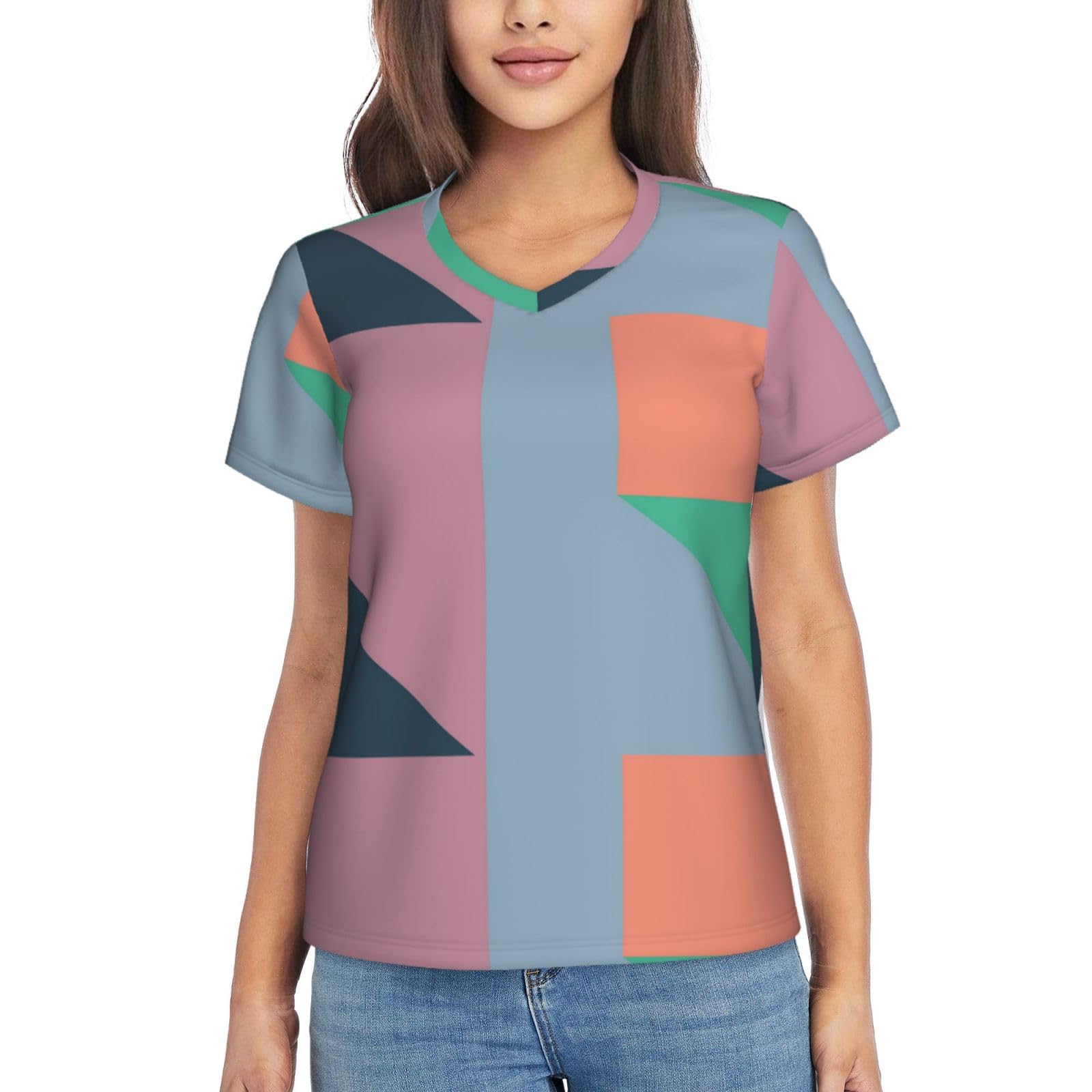 Womens Color Block Short Sleeve Tshirts V-Neck Shirts Summer Casual Tee Tops