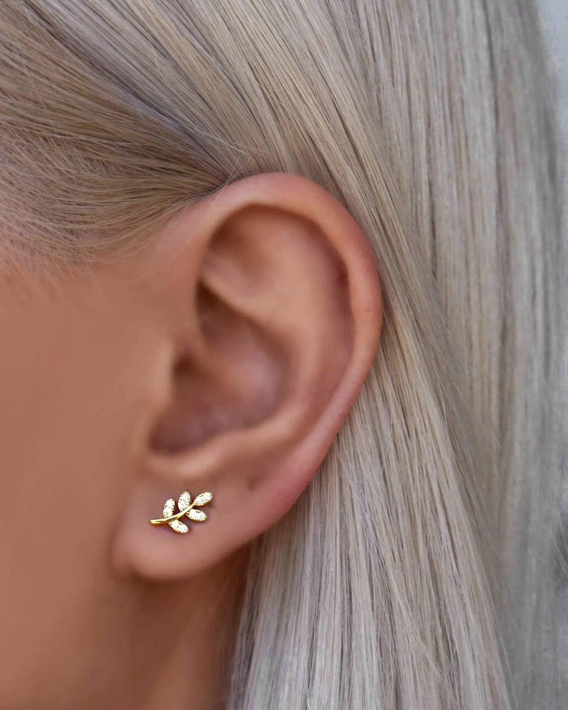 Me&Hz 14K Gold Plated Stud Earrings for Women Cute CZ Heart Lightning Blot Leaf Small Gold Stud Earrings Cartilage Earring Birthday Halloween Christmas Gift - Image 4