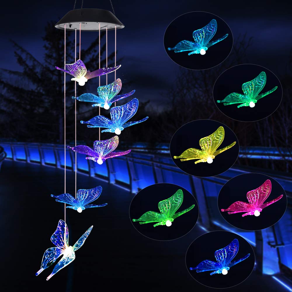 Wind Chime,Solar Lights Chimes，Butterfly Wind Chimes led/Solar Hummingbird Wind Chime Outdoor Decor,Yard Decorations Solar Light Mobile,Memorial Wind Chimes,(Gifts for mom，Birthday Gifts for mom)