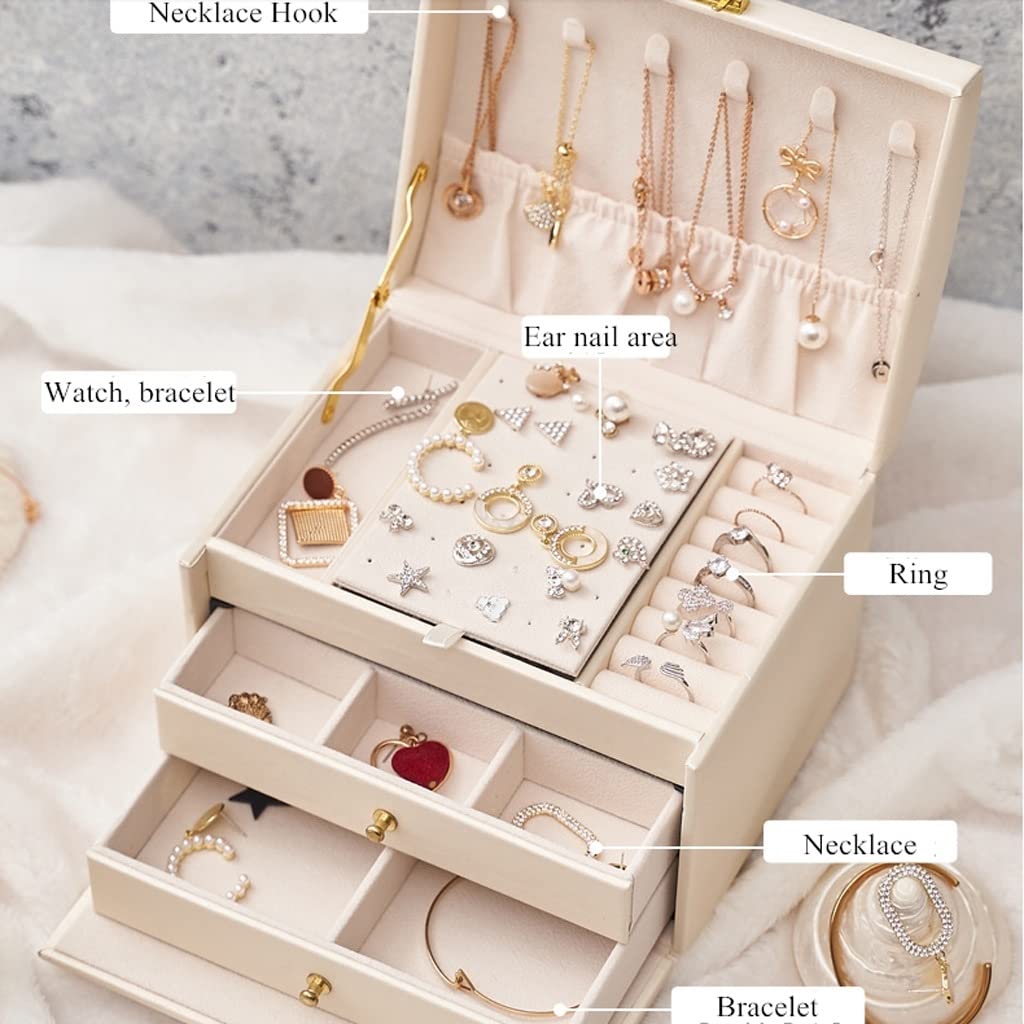 Caja De Joyería Joyero, Senior PU Organizador de joyería de cuero 3 Almacenamiento de joyas de 3 capas con cerradura, caja de joyería de viaje portátil for pendientes anillos Organizador De Joyas(B)