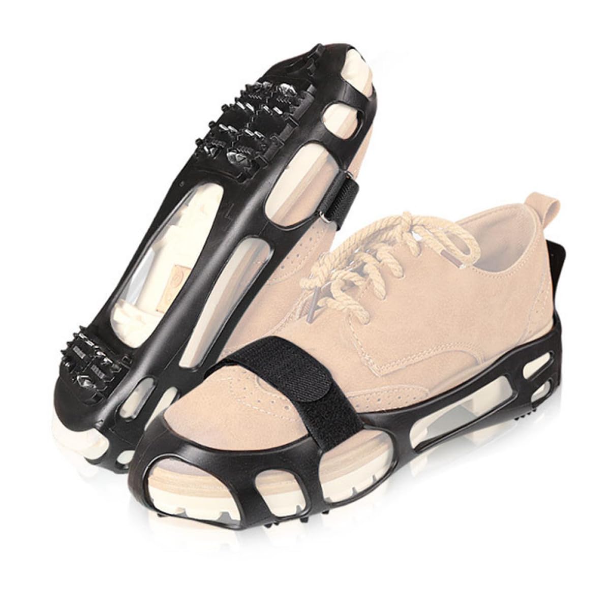 Uonlytech Crampones Antideslizantes para Zapatos y Botas, 4 Pares, Nylon y Metal, Correas Ajustables, para Senderismo y Terrenos