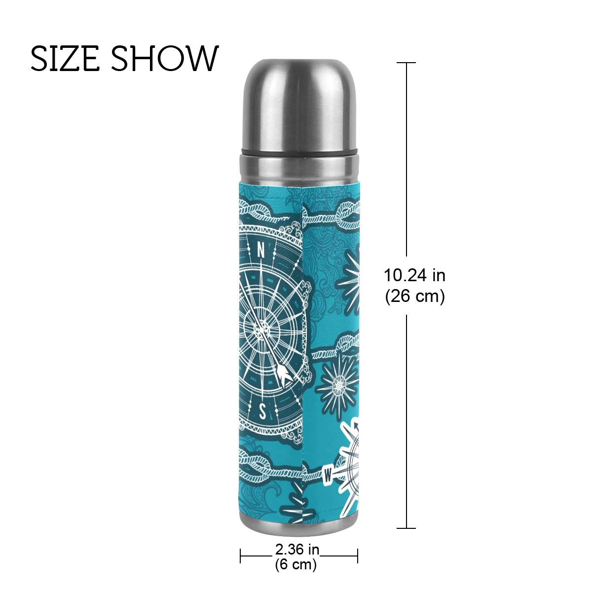 Taza de viaje aislada al vacío de acero inoxidable con doble pared a prueba de fugas, diseño de brújula náutica, estampado vintage, personalizado, termo envuelto en piel auténtica, 500 ml
