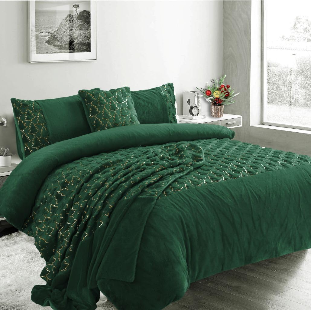 Luxurious Christmas Tree Teddy Bear Fleece Duvet Cover Set with Pillowcases – Super Soft Fluffy Quilt Cover Winter Bedding Set, Fleece Throw Blanket & Cushion Cover (Green, Single Duvet Cover Set)