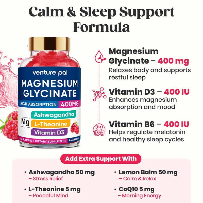 Miniatura 6 de 60 Day Supply - Gomitas de glicinato de magnesio de 400 mg con Ashwagandha, L-teanina, CoQ10, vitamina D3 y B6, gomitas de magnesio sin azúcar