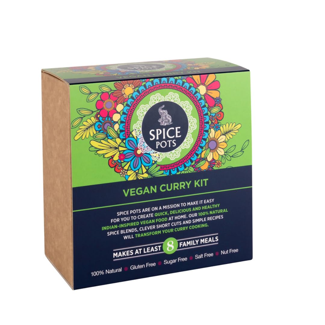 – Vegan Curry Kit by Spice Pots - 100% Natural Ingredients - 4 x 40g Spice Blends - 8 Vegetarian Curry Recipe Booklet - Korma, Bhuna, Goan & Tandoori Masala Curry Powder - Vegan Gifts for Women & Men