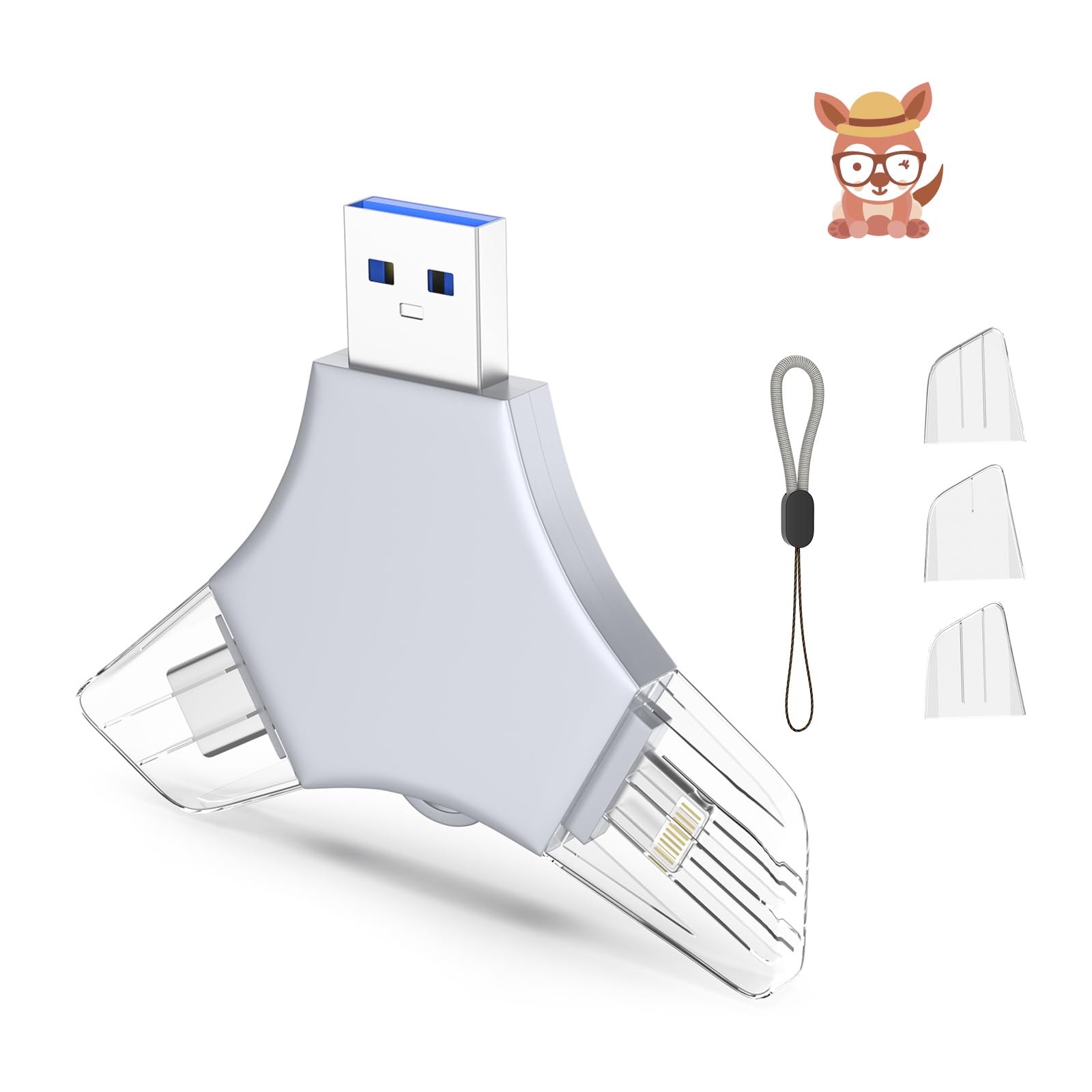 USB 3.0 Flash Drive 64gb for iPhone, 3in1 External Memory Picture Keeper Storage Stick for Photo/Video/Data Saver/Backup, V10.70High Speed Thumb Drives for iPhone/iPad/Android/PC - Blue-Gray