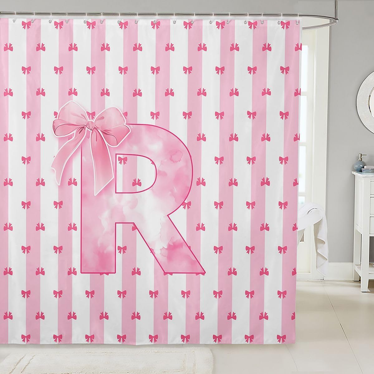 Feelyou Pink Bowknot Shower Curtain Personalized Initial R Bath Curtain Princess Bathroom Accessories Kawaii Bow Alphabet Waterproof Fabric Cute Bowknot Strip Lines with 12 Hooks 72"x72"