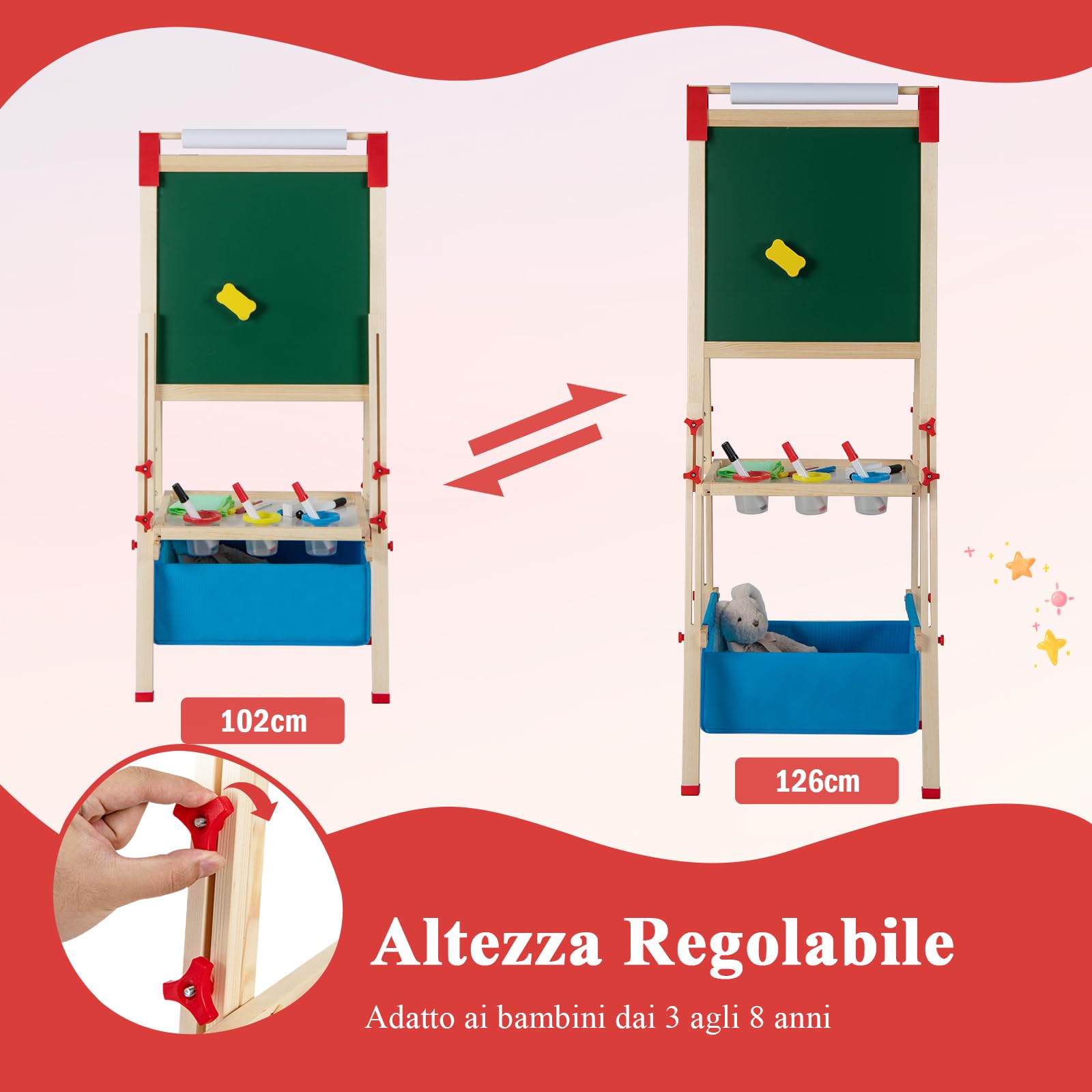 RELAX4LIFE 3-in-1 Cavalletto per Bambini Regolabile in Altezza, Cavalletto in Legno a Doppia Faccia con Lavagna Magnetica e Lavagna Bianca, Rotolo di Carta e Accessori per Pittura