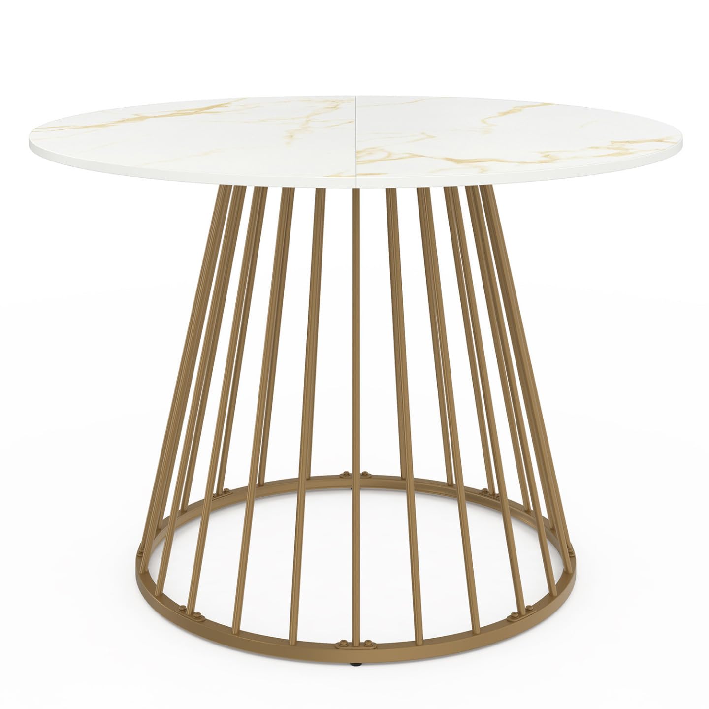 IDMarket - Mesa de comedor redonda YUNA 6 personas con pie de alambre de latón y mesa con efecto mármol blanco Alaska 110 cm