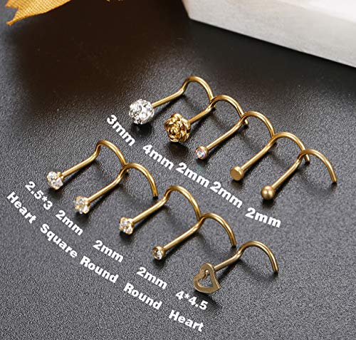 JOERICA 10 Pcs 20G Stainless Steel Screw Nose Studs Rings CZ Labret Silver Gold Nose Stud Piercing Jewelry Set2