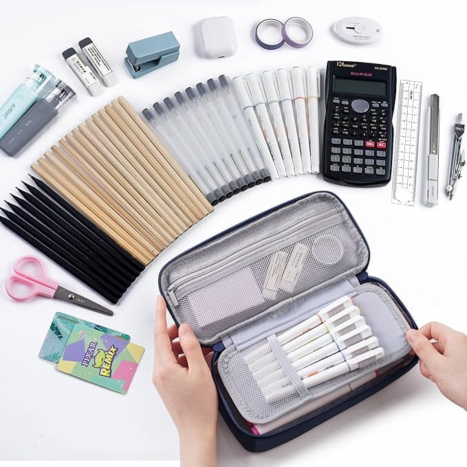 WEMATEペンケース 大容量 筆箱横開き 2層 シンプル 多機能 おしゃれ-ジッパー ペンホルダー付き 強力な分類と収納力 ガジェットポーチ 収納ポーチ 旅行 出張 女の子、男の子、大人、小学生、高校生、大学生用-ブルー