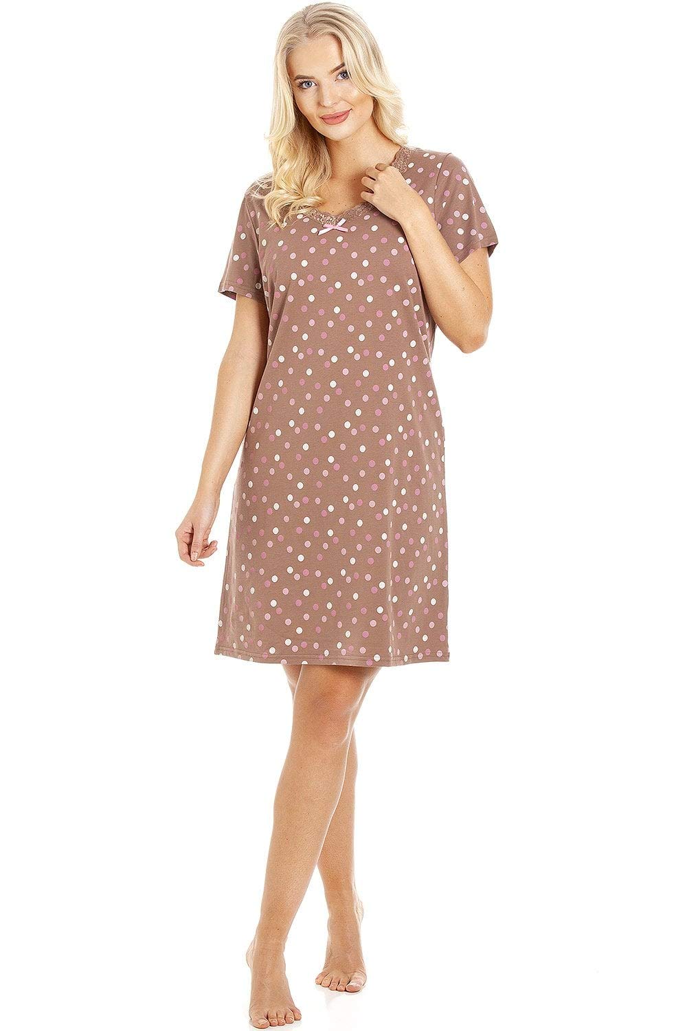 Camille Women's Brown Polka Dot Smooth Soft Cotton Summer Nightshirts 10-12