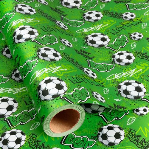 Merture Green Soccer Wrapping Paper Roll - 17 In X 16.4 Ft(23.3 sqft) - Boys Wrapping Paper for Celebrate Party Baby Shower with Soccer Ball Graffiti Style