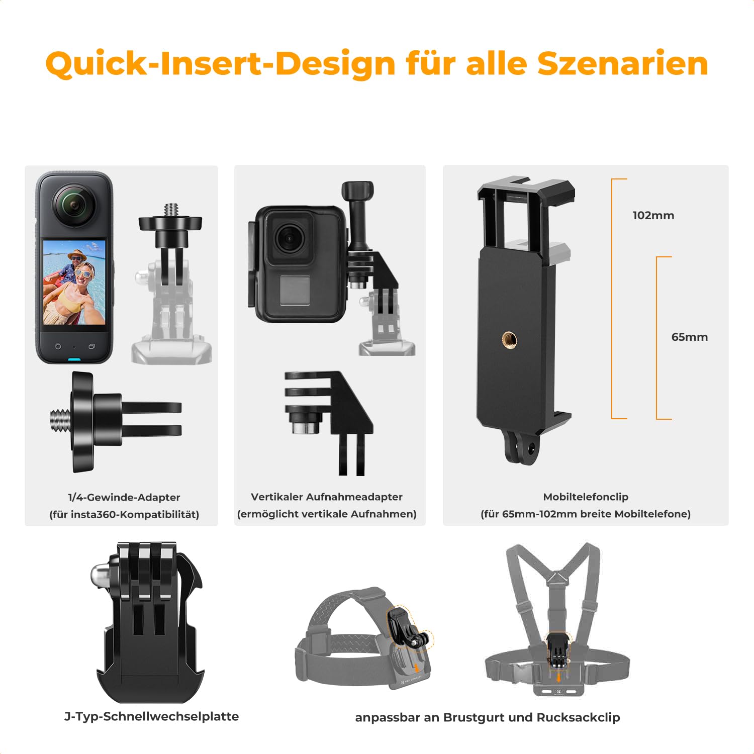 K&F CONCEPT Action Kamera Zubehör Kit Brustgurt Rucksack DJI Osmo 360/Insta360 X5/X4/X3 Schultergurt Halterung 360° drehbare Kopfgurt und Handschlaufe für GoPro Hero 13/12/11/10/9/8/Osmo Action Series