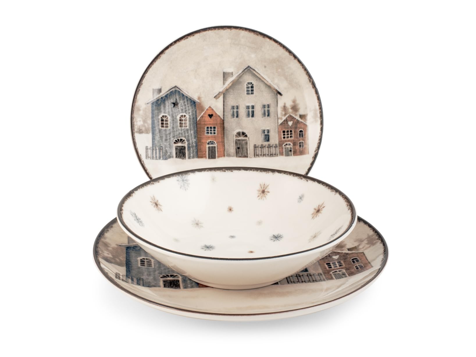 H&H, Servizio tavola 18 pezzi Snowland, set tavola natalizio in stoneware, lavabile in lavastoviglie