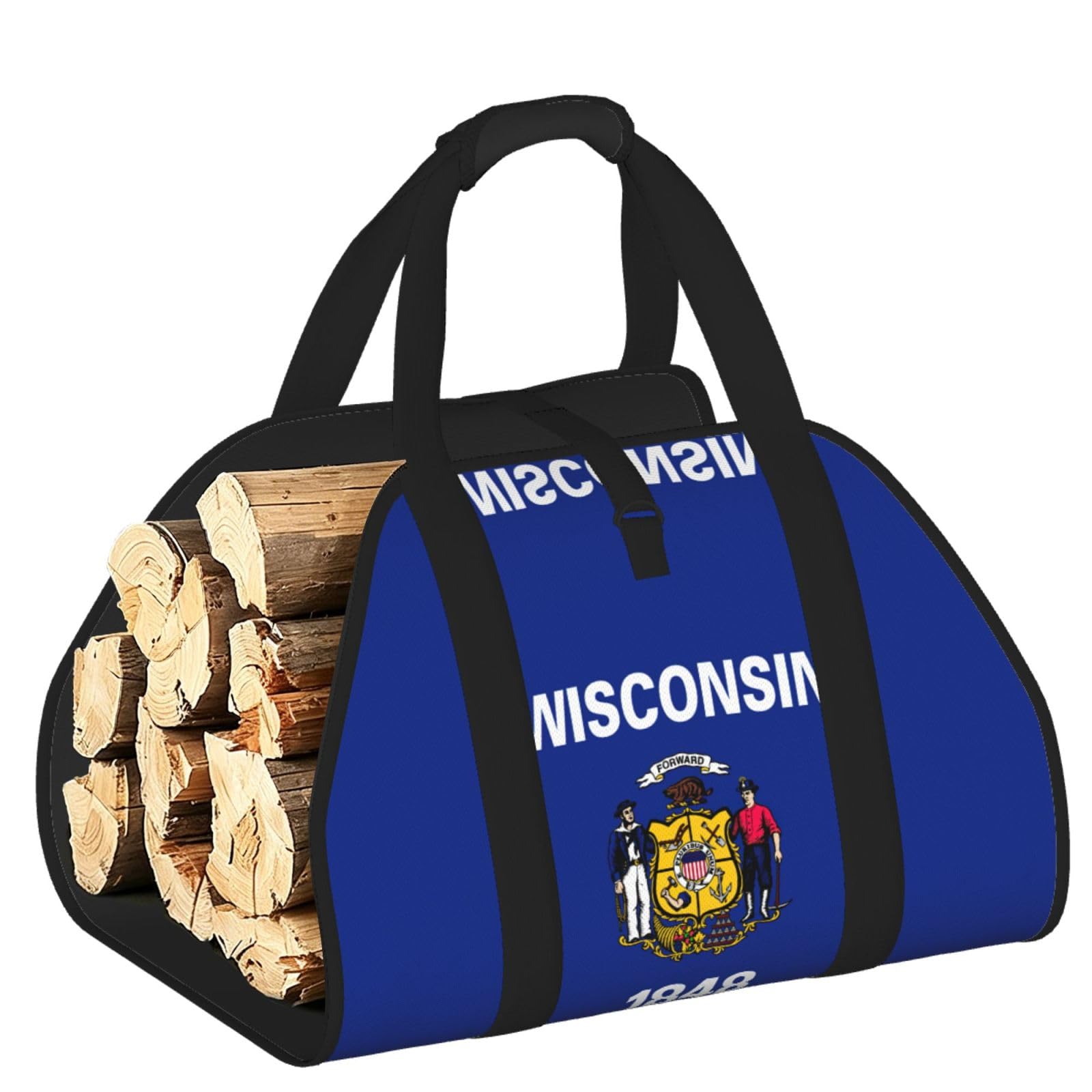 Wisconsin State Flag Printed Firewood Carrier Bag, Log Tote with Open-Ended Design for Camping Outdoor Wood Hauling