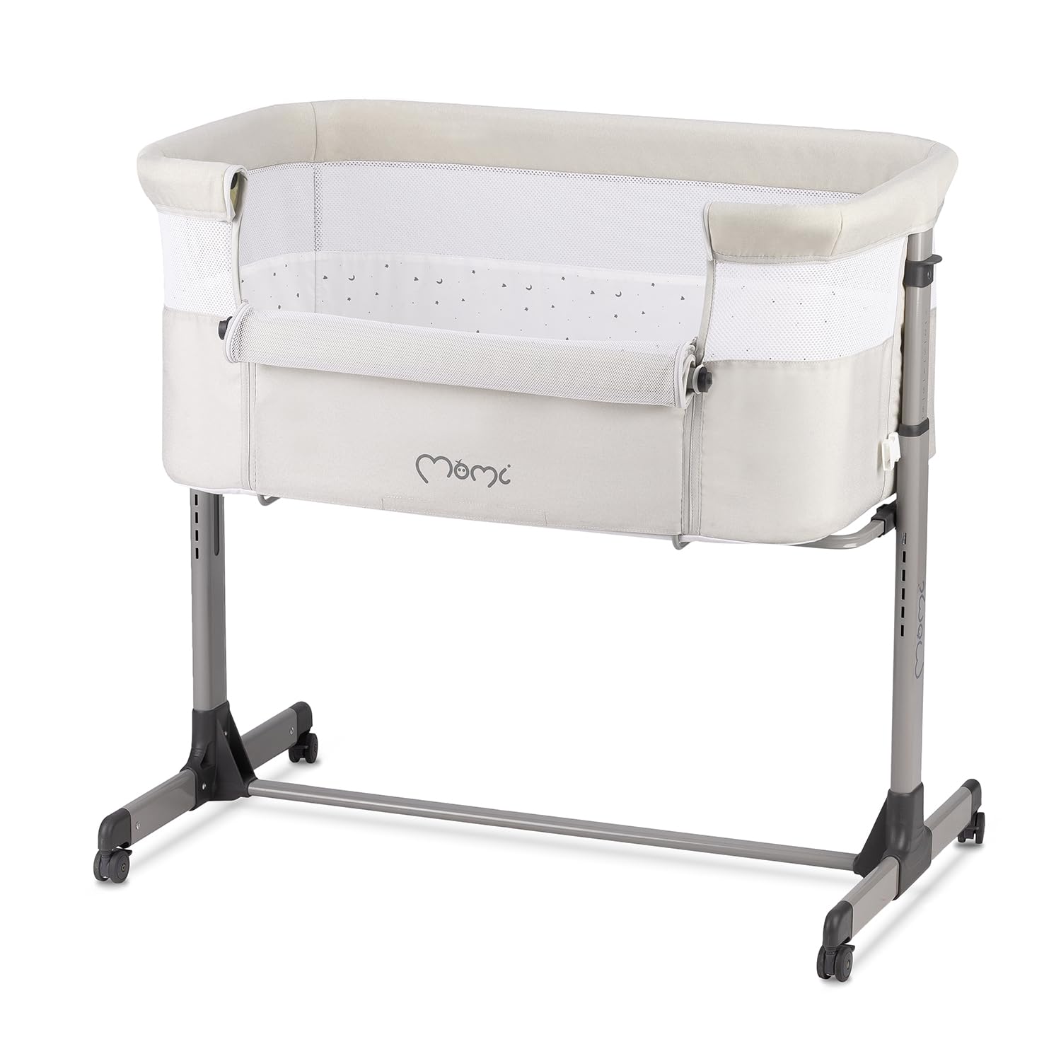Momi REVO Cuna Multifuncional Ajustable en 6 Posiciones de Altura de 72 a 82 cm, con Ruedas, colchón Incluido, Correas de fijación, mosquitera y Barra de Juguetes