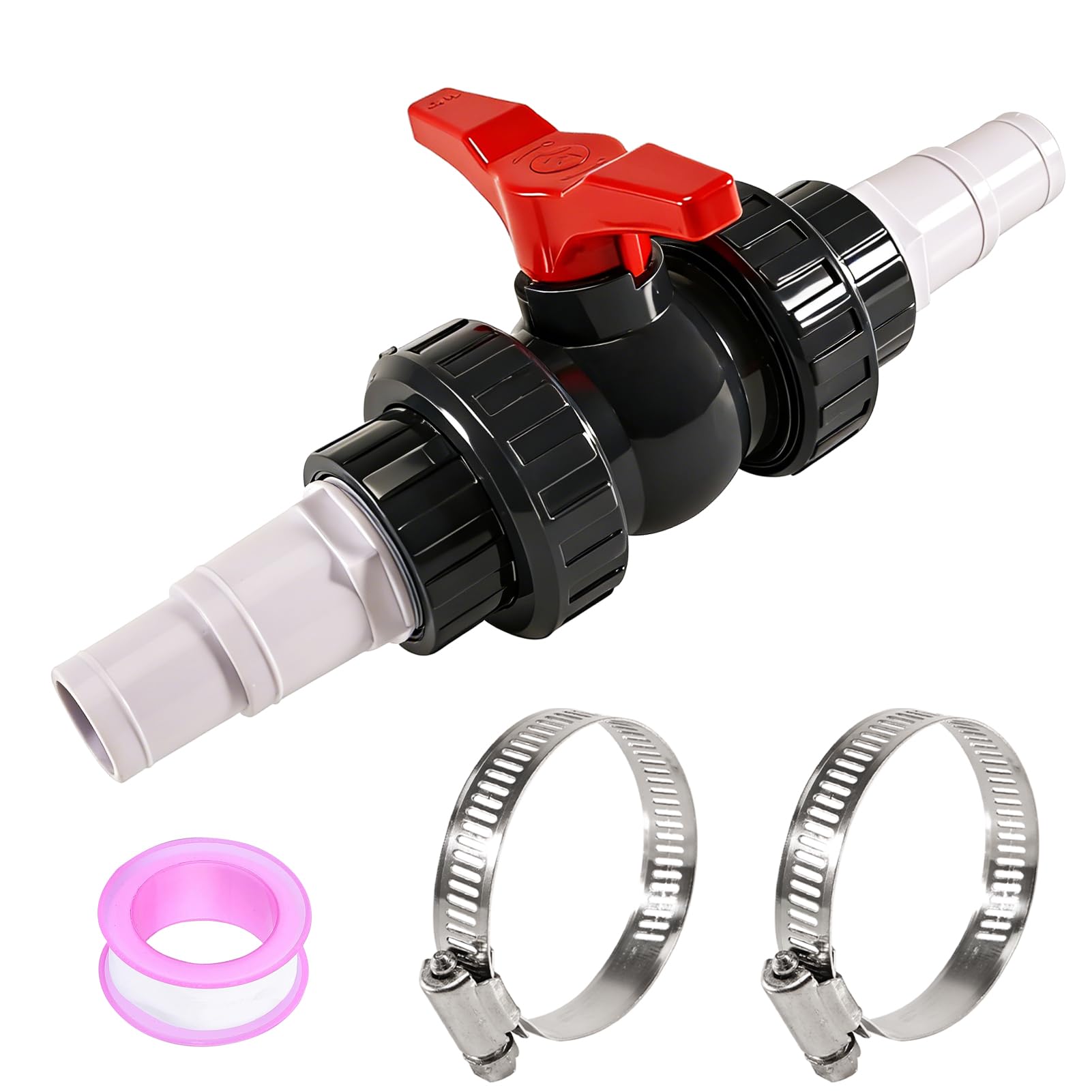 Robinet à boisseau sphérique de 50 mm avec raccord de tuyau – Kit robinet d'arrêt de piscine en PVC | Comprend 1 robinet d'arrêt 1 1/2", 2 raccords de tuyau de piscine 32-38 mm, 4 colliers de serrage