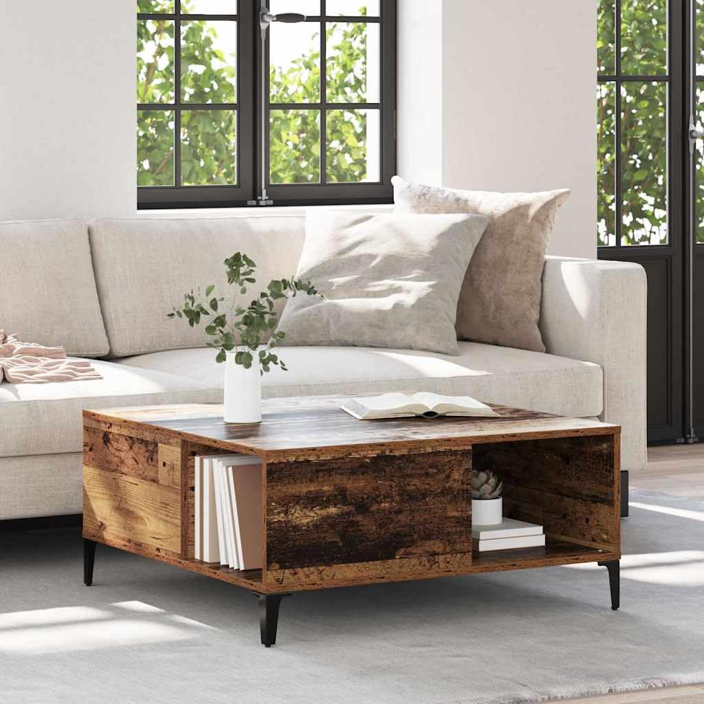 Stolik kawowy ze starego drewna 80 x 80 cm, stolik kawowy z materiału drewnopochodnego, stół 80 x 80 x 36,5 cm ze stalowymi nogami i praktycznymi półkami, do salonu, wzornictwo przemysłowe