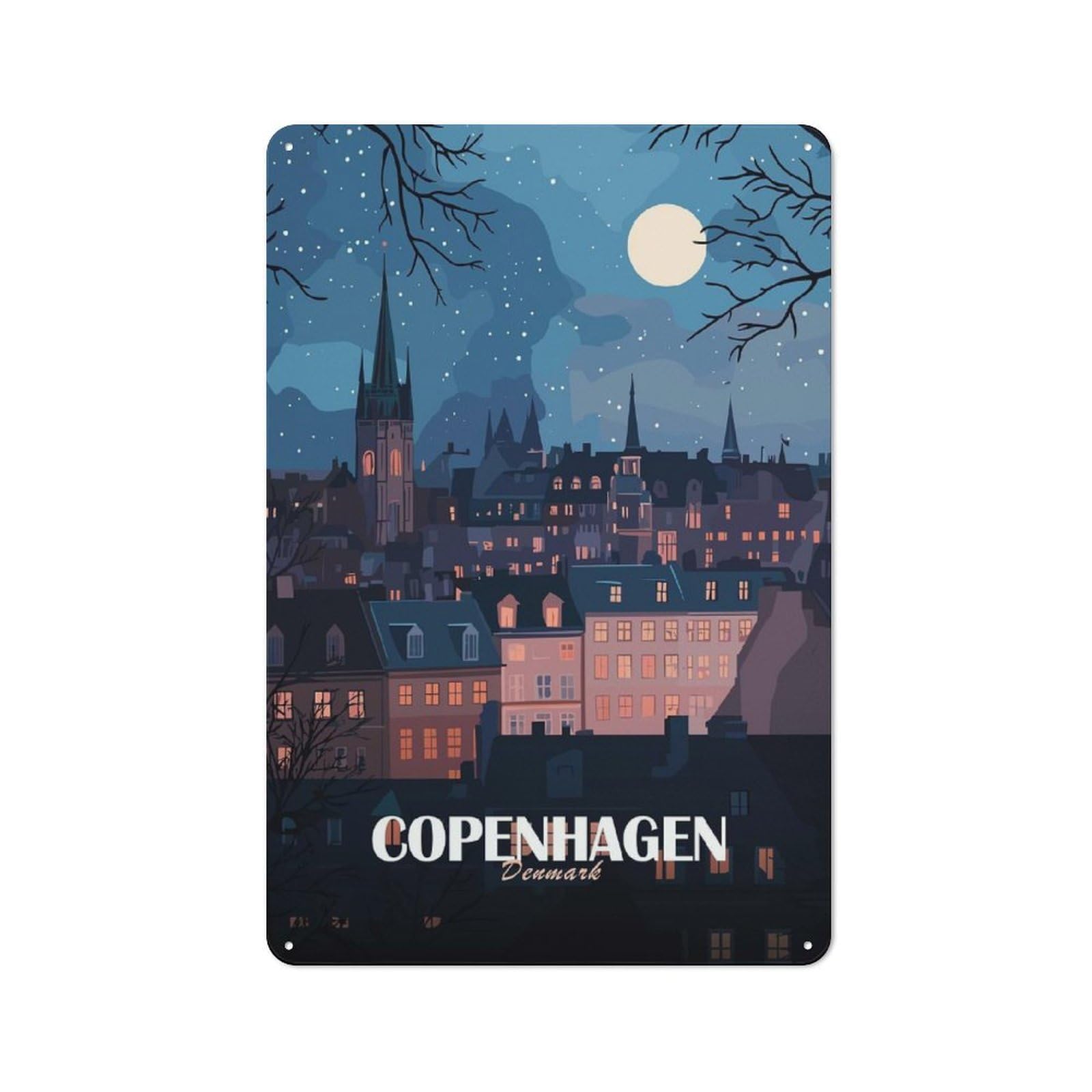 Junmoney Copenhagen, Denmark At Night Tin Wall Plaque 30X20cm With For Workshop Wall, Suited To Makers And Diy Enthusiasts