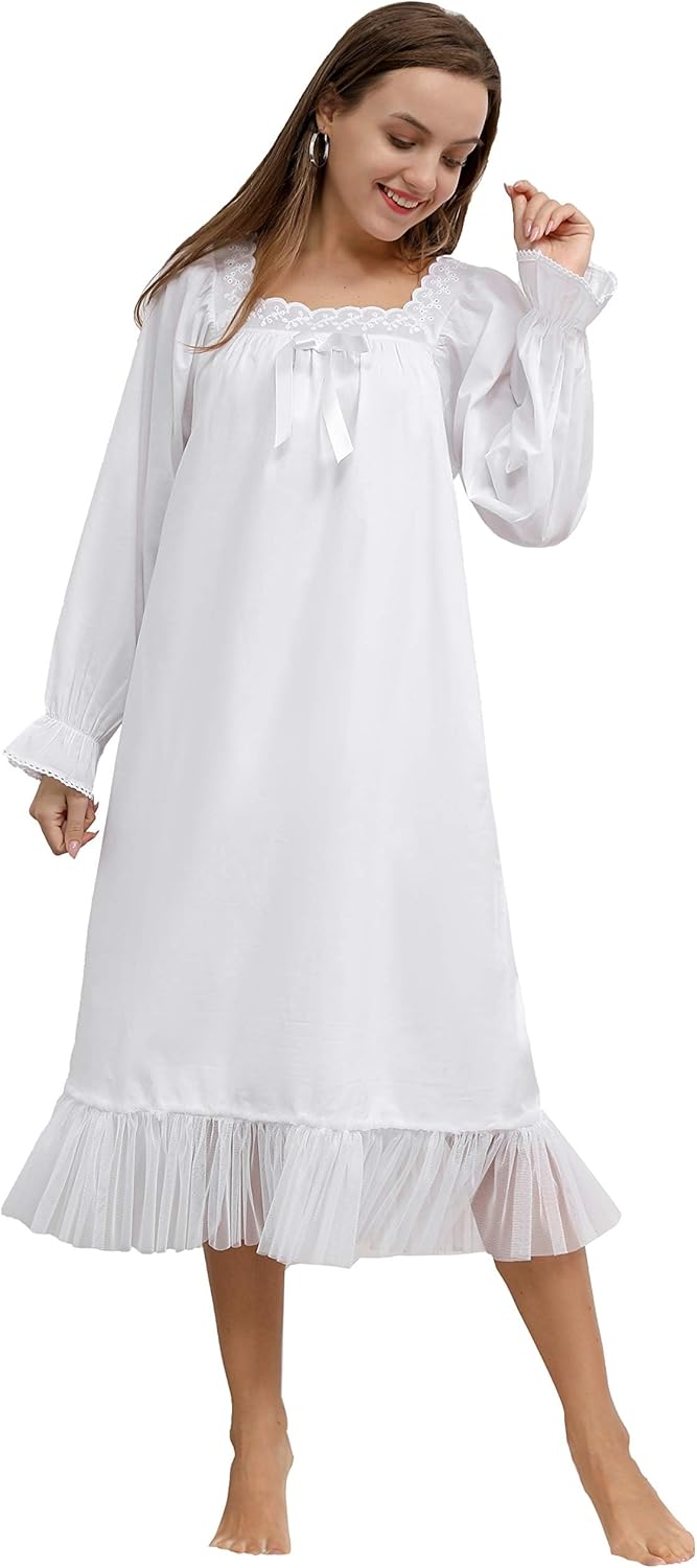 Nightgowns for Girls, Cotton Vintage Pajama Dresses for Girl, Long Sleeve SleepShirt Jammies for Kids