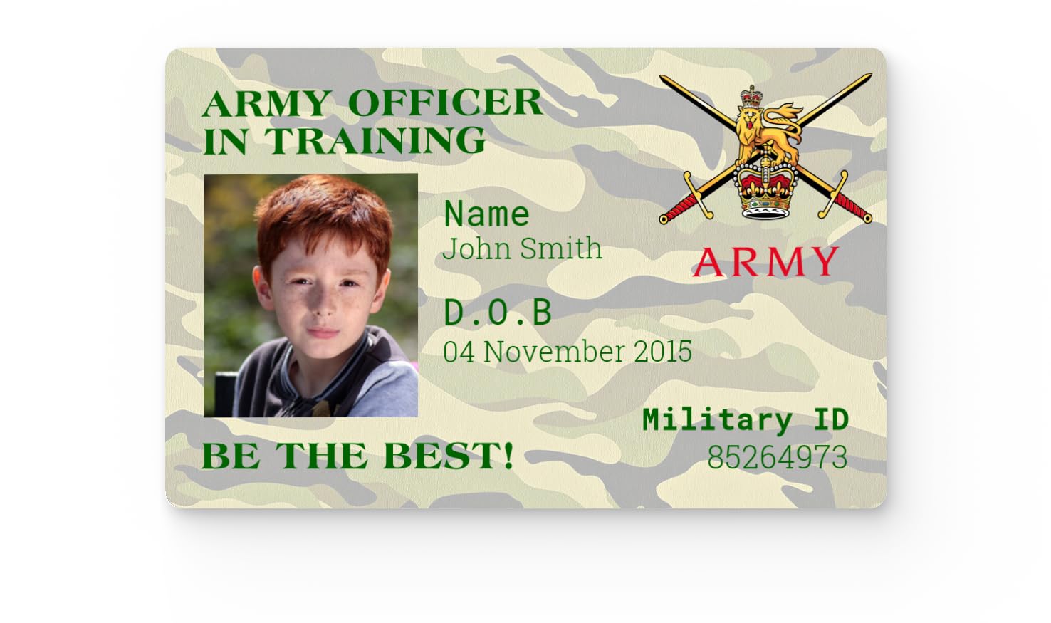 Future Soldier Army Officer In Training ID Card for Kids – Personalised Photo, Name, Age – Biodegradable Plastic – Ideal for Aspiring Military Leaders and Role-Play