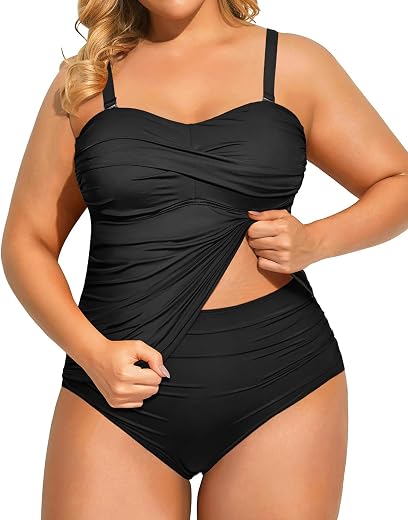Aqua Eve Women Two Piece Plus Size Tankini Tummy Control Bathing Suits Bandeau Swimsuits with High Waisted Bottom