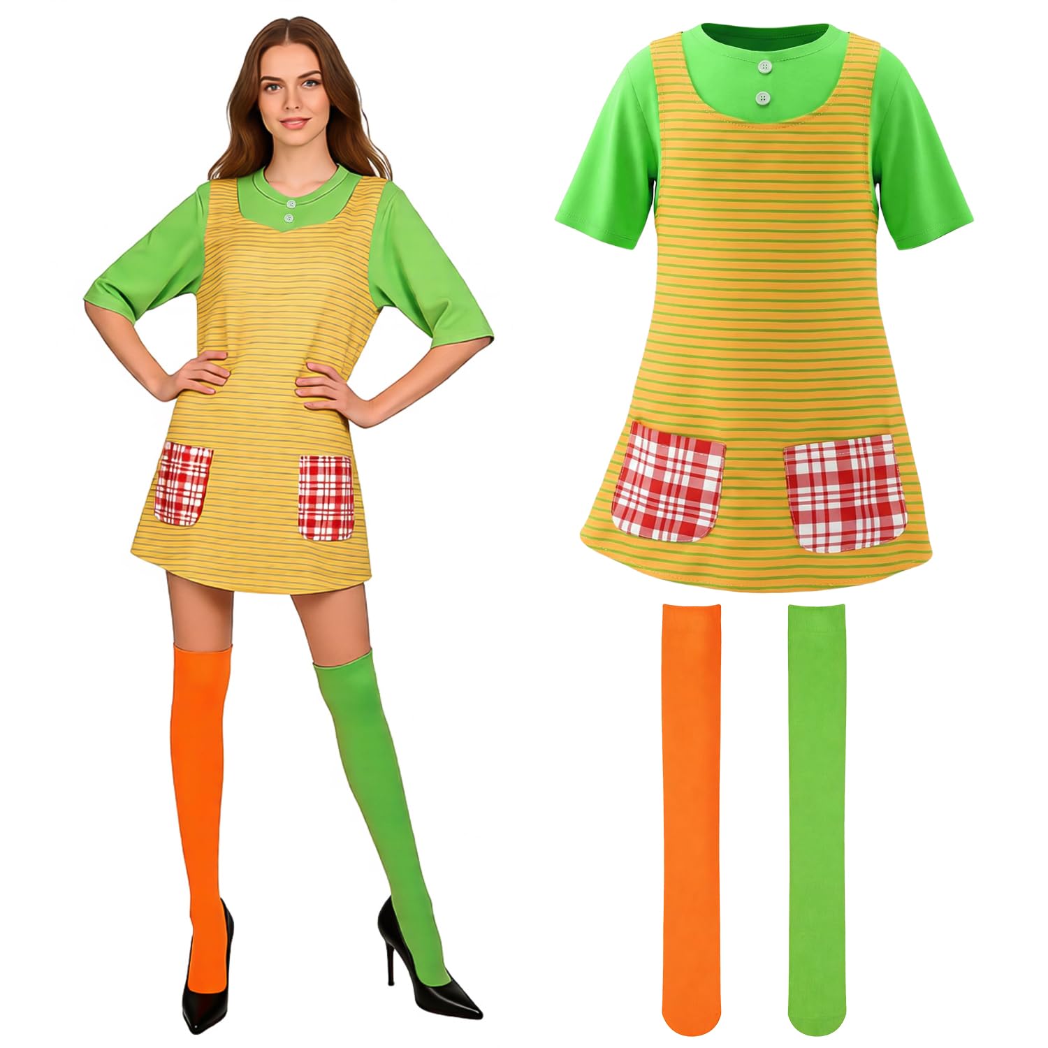 LECTNORE Women's Carnival Costume for Adults, Colorful Dress with Stockings, Fancy Dress Outfit for Ladies(M)