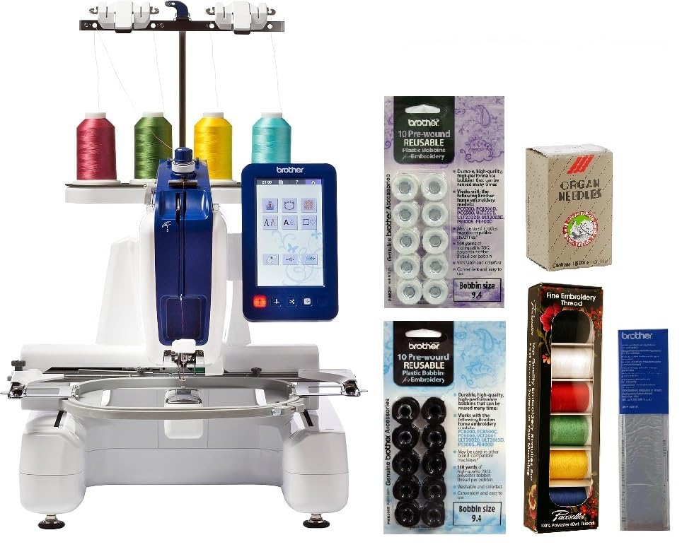 Brother Persona PRS100 Single Needle Embroidery Machine, 50-Piece Designio Thread Set, 20 Bobbins, 100-Piece 75/11 Embroidery Needles, Stabilizer Roll