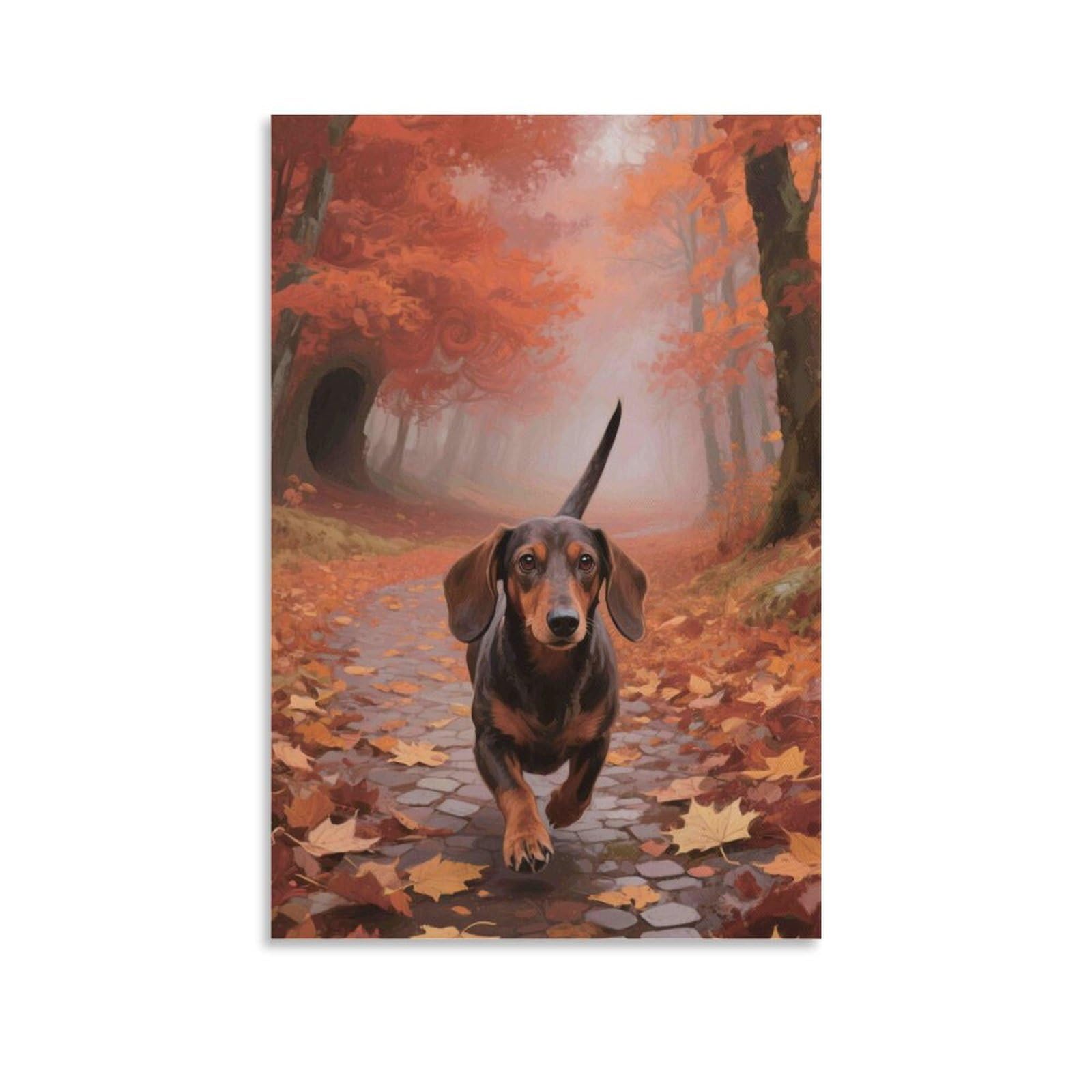DHBANEIOK Dachshund Running Autumn Poster Artwork Canvas Prints Picture Modern Wall Art Picture Wall Hanging for Bedroom Living Room Decor 20x30inch(50x75cm)