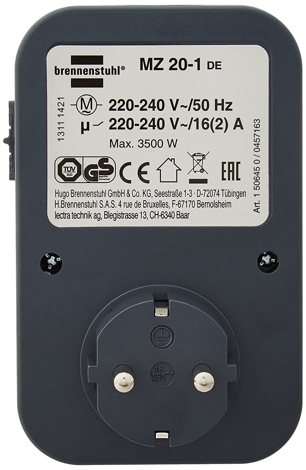 Brennenstuhl Zeitschaltuhr MZ 20, mechanische Timer-Steckdose (Tages-Zeitschaltuhr mit erh?htem Ber?hrungsschutz) grau (10)