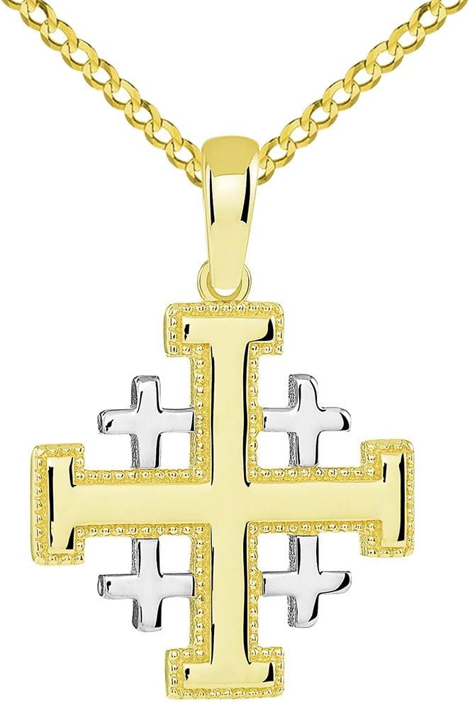 14k Yellow Gold Two Tone Crusaders Jerusalem Cross Pendant with Cuban Chain Necklace
