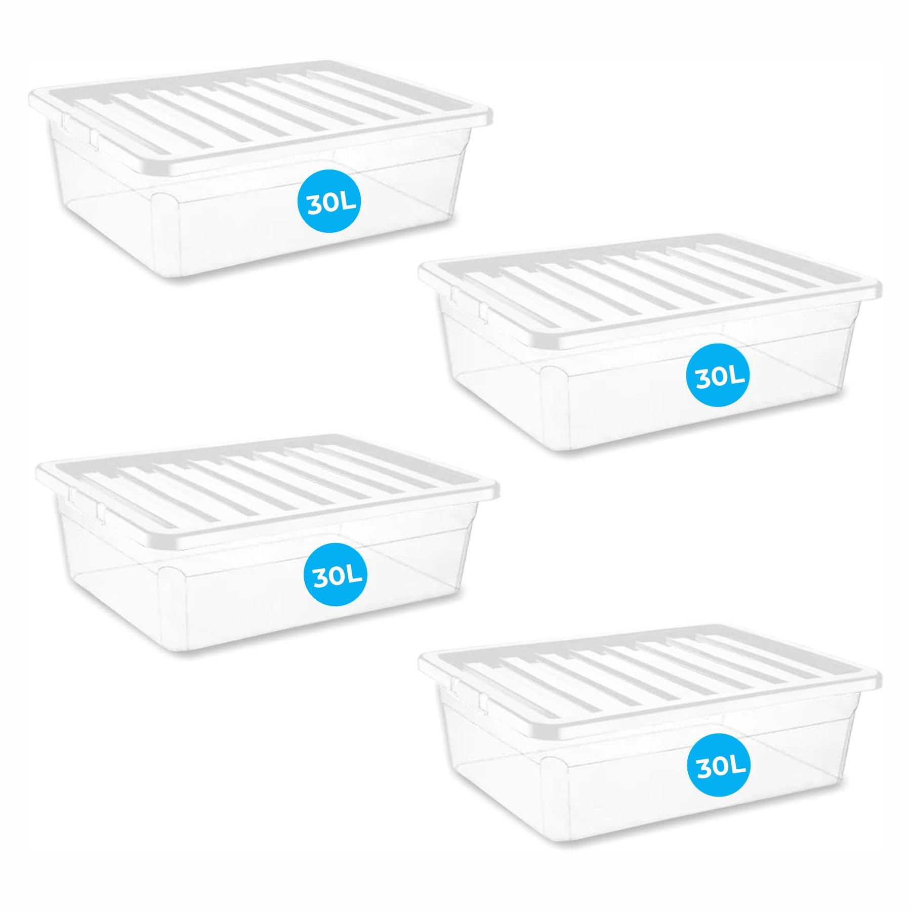 RelianceUK 4 X 30L Under bed Storage Boxes with Lids | Multipurpose Clear Plastic box for Underbed Stackable Storage Boxes for Home Office Kitchen (30 Litre/4 Pack) โ image 1