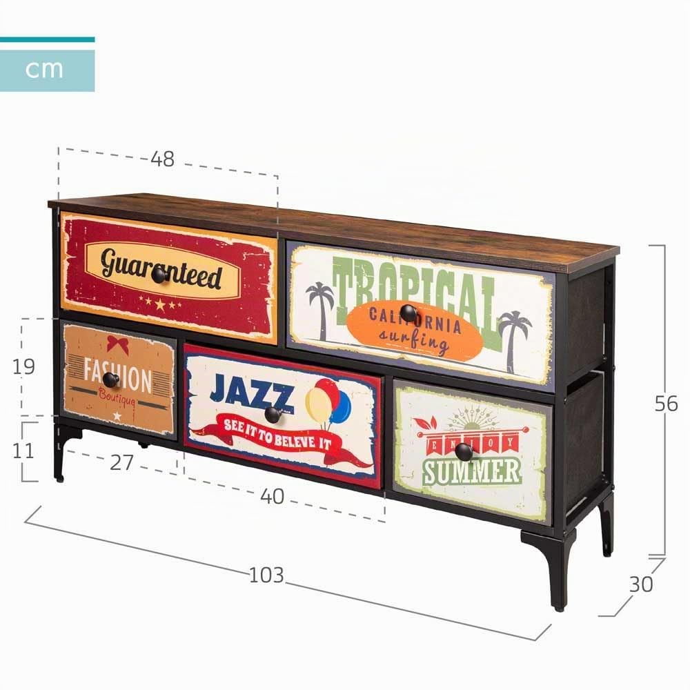 AKTIVE Max Home Comò multiuso per la camera da letto, Grafica retrò e vintage, 3 cassetti in tessuto leggero, 45x30x77 cm, Struttura in acciaio, Piano in legno
