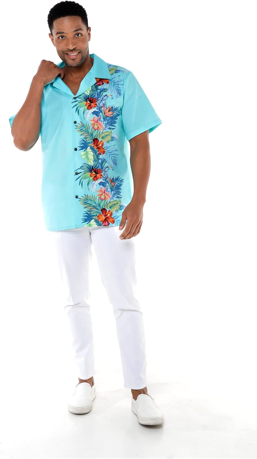 Matchable Couple Hawaiian Luau Men Shirt or Women Maxi Tank Dress with Sleeve in Orchid Paradise Turquoise