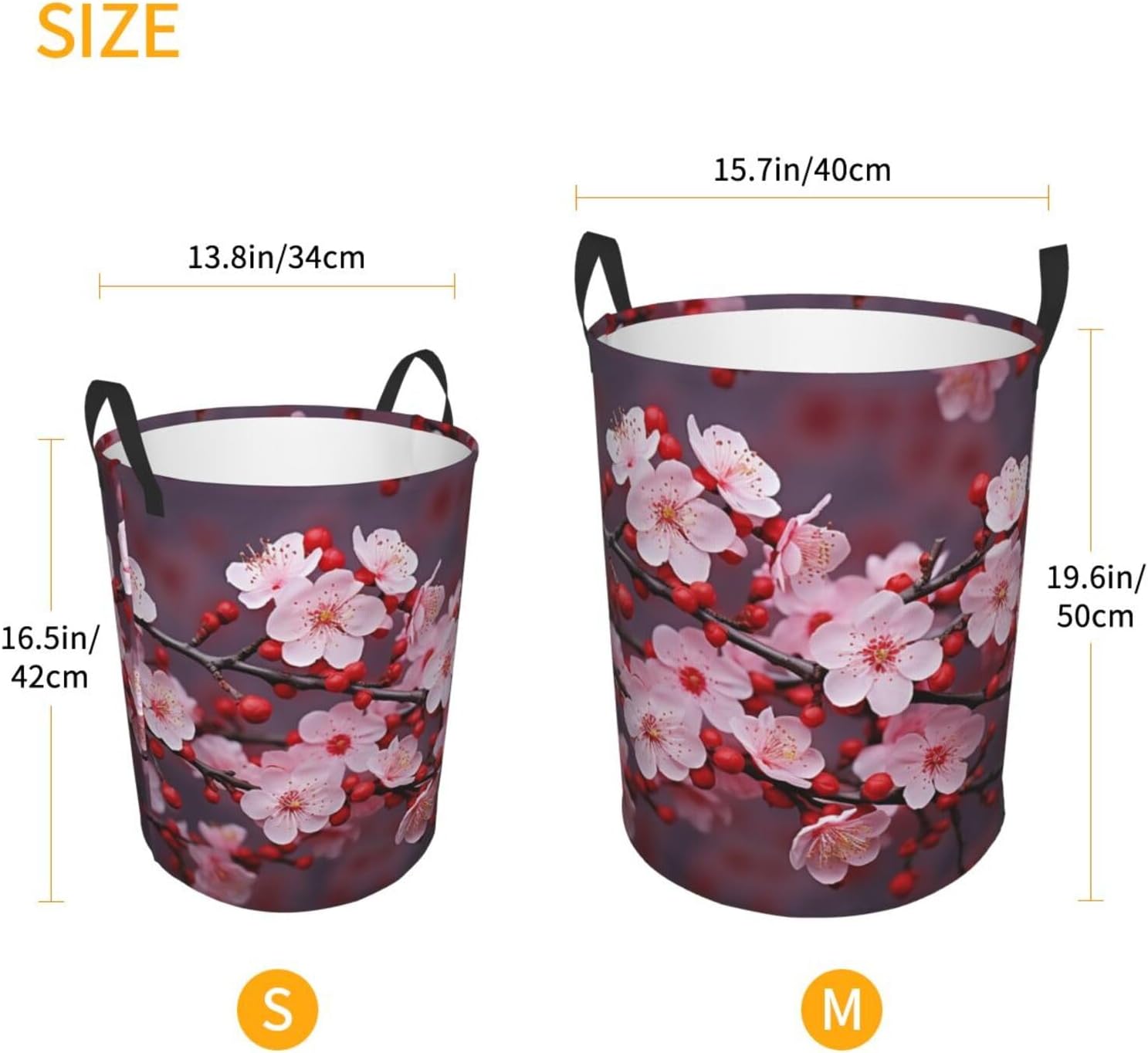 Pink plum blossom Laundry Basket With Handles, Foldable Laundry Hamper Oxford Cloth Dirty Clothes Basket Waterproof Clothes Toys Storage Bin Organizer for Bedroom Bathroom Dorm