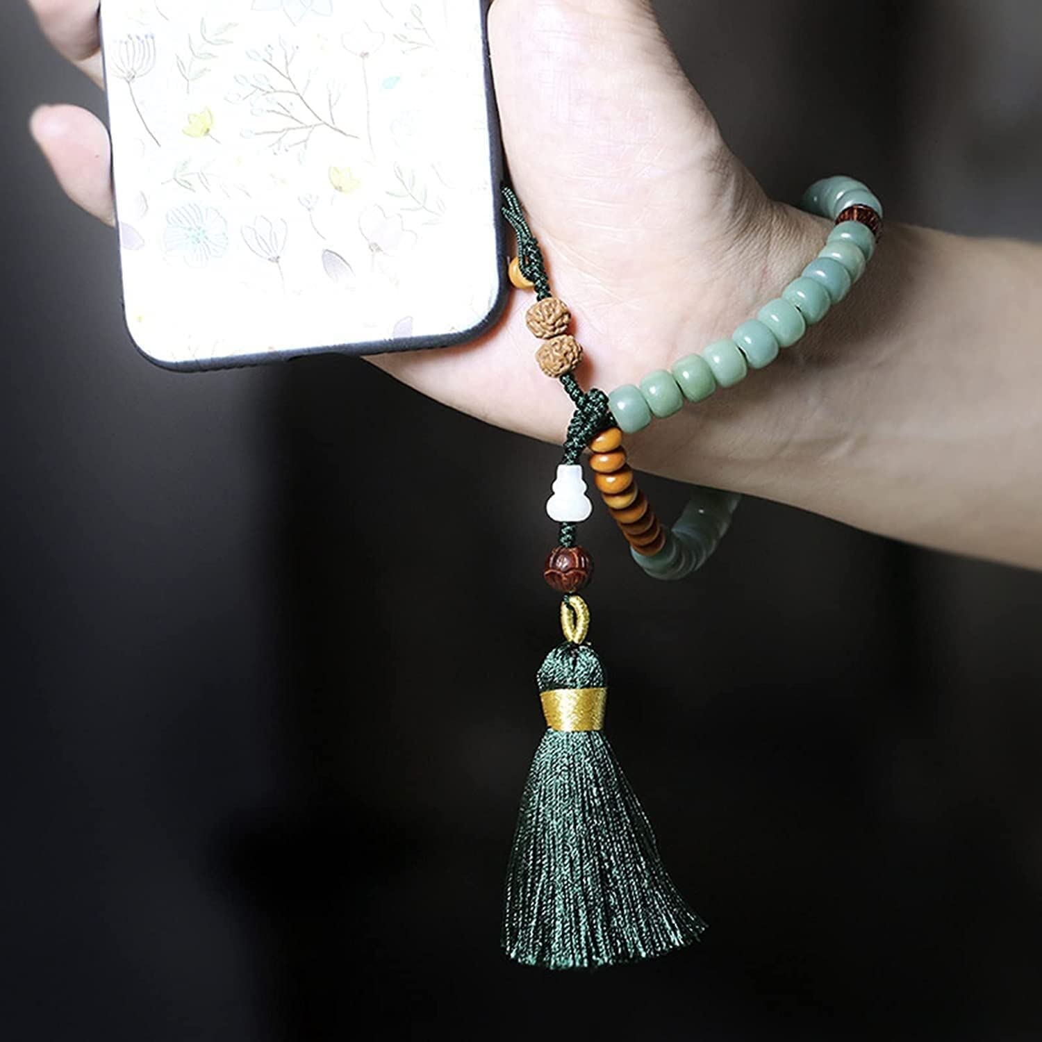 Różaniec, pasek na nadgarstek ze smyczą na telefon, pasek na telefon Zawieszki do telefonów komórkowych w naturalnym korzeniu Bodhi, pasek na nadgarstek ze smyczą do telefonu z koralikami, prezent bra