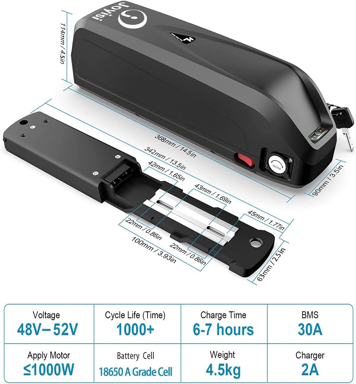 Joyisi Ebike Battery 48V 13Ah Ebike Lithium Battery for 250W 500W 750W 1000W Electric Bicycles Motor and Bike Motor Conversion Kit